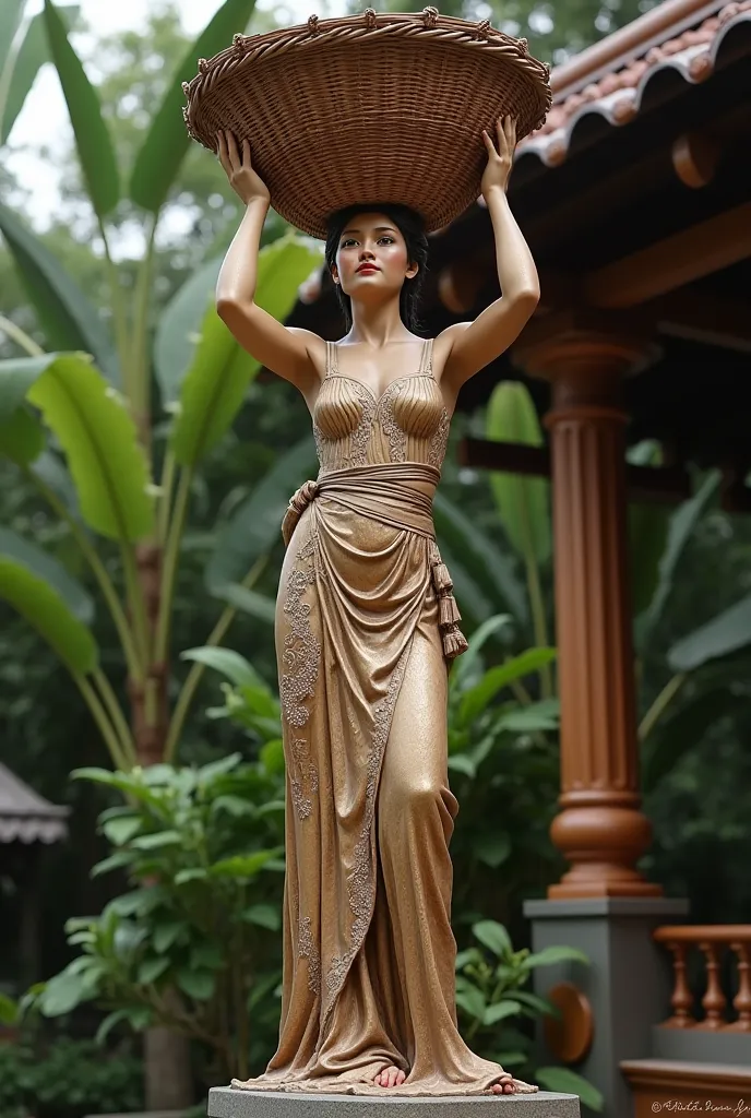 Create a Caryatid Statue but is a Filipino Traditional Woman with a basket on top of her Head