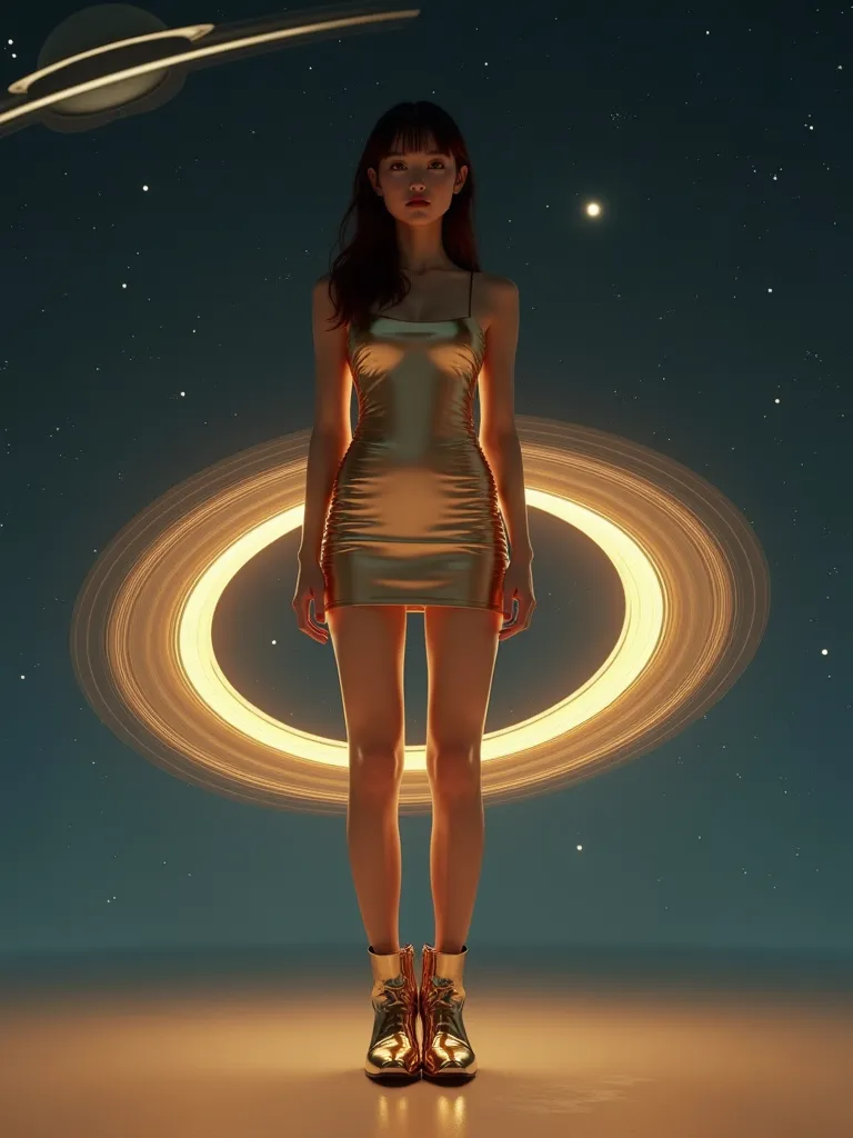 Photorealistic, beautiful Japanese woman (22), standing poised, wearing a **structured mini dress with floating golden rings** inspired by Saturn. The fitted bodice is sleek and futuristic, while the **skirt features concentric golden rings** that appear t...