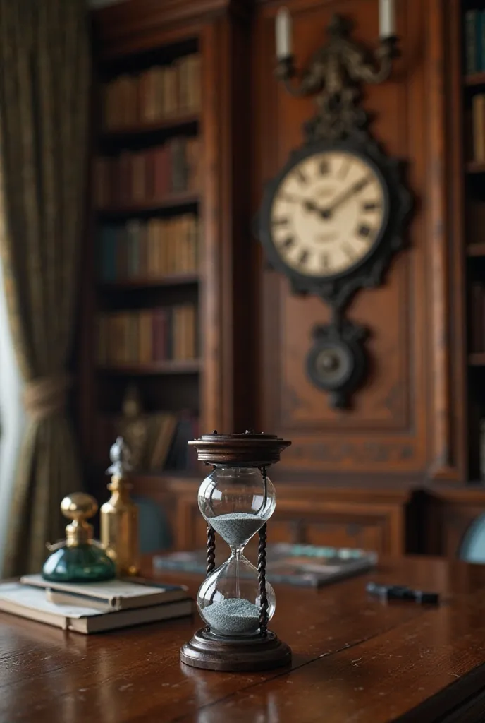 The hourglass, which is located on the background table in the mansion, has a wall clock hanging, but it is midnight of the wall hanging time, but the atmosphere is at eight o'clock. The decoration in the room is a living room with books and perfume bottle...