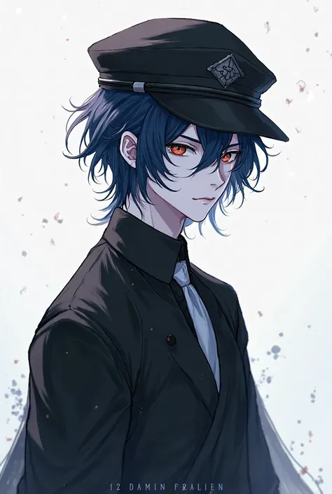 a white-skinned man, with a very dark black cap, a very dark black shirt and navy blue hair,  white image background, anime, Demon Slayer animation style