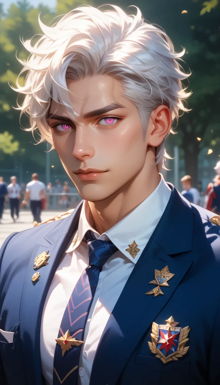 ((best quality)), ((Masterpiece)), (details), (perfection), 1male, adult male, (white hair, pink eye , Handsome) , student uniform, dark blue necktie, white shirt, dark blue blazer, looking at viewer , sexy,exercised body, reality,upper body, male focus, f...