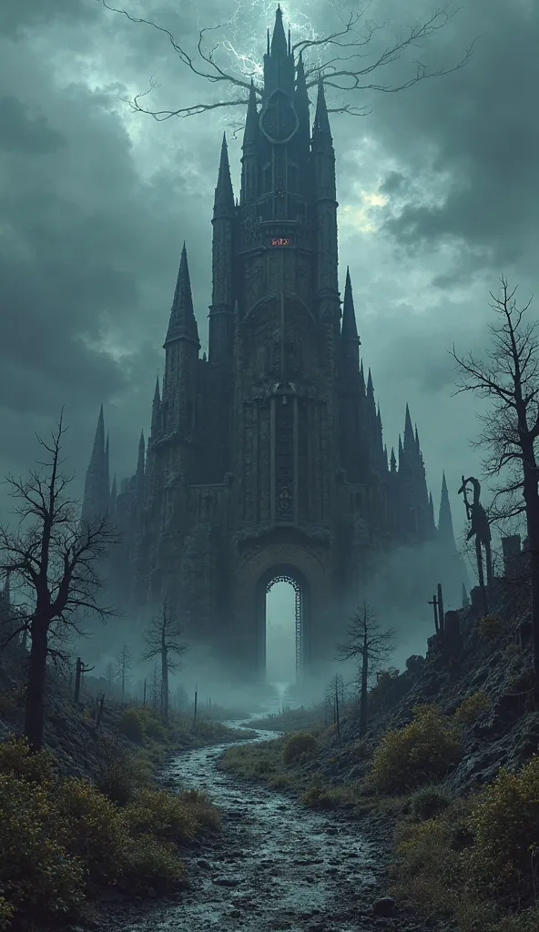 In the midst of a ravaged landscape, a towering edifice of despair rises ominously, its dark spire clawing at the storm-laden sky. This sinister tower, constructed from jagged obsidian and crumbling stone, exudes an aura of malevolence, standing as a grim ...