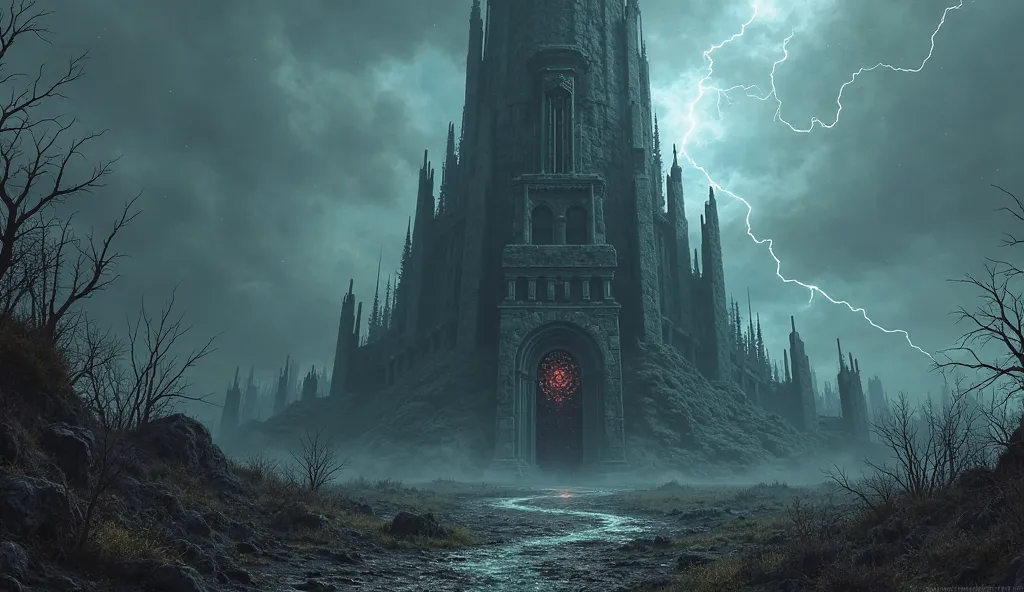 In the midst of a ravaged landscape, a towering edifice of despair rises ominously, its dark spire clawing at the storm-laden sky. This sinister tower, constructed from jagged obsidian and crumbling stone, exudes an aura of malevolence, standing as a grim ...