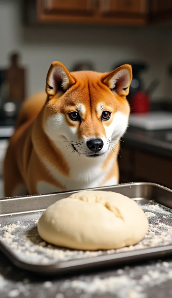 A Shiba Inu standing on a kitchen countertop, staring intently at a loaf of bread on a metal baking sheet, just before it’s placed in the oven. The dough is perfectly shaped, rising gently, and has yet to be baked into its golden, finished form. The Shiba ...