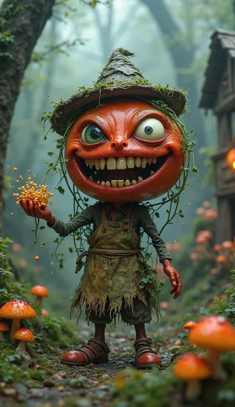 A quirky, creepy anthropomorphized tomato, with lopsided eyes and a big, toothy grin, dressed in a tattered leaf apron and a mismatched hat, scattering colorful spores in a hidden, fog-filled forest village. The tomato has vines creeping from its arms and ...