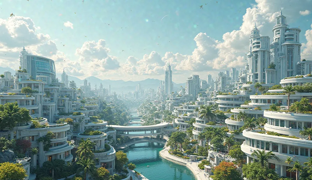 Real Photo, reality, 8k, a solarpunk city seen from above, beautiful modern white buildings with huge windows, so colorful, so beuatiful, so many cloud in the sky