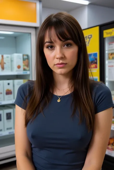 photo of a slender young woman standing at a convenience store. She is lactating. Her nipples are visible under her shirt, skinny arms, She has a confused face, close up, sexy face, She is wearing a tight t-shirt with no bra. Pokies. Hard nipples. She has ...