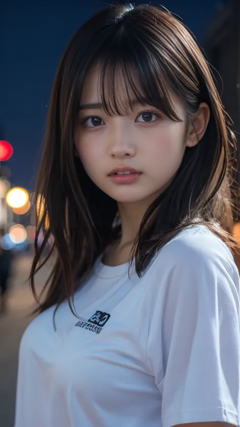   Japanese、(Best quality, High resolution, Masterpiece :1.3), A pretty woman, Slender figure, Dark brown hair, T-shirt, (Street in city at night), Highly detailed face and skin texture, Detailed eyes, Double eyelid