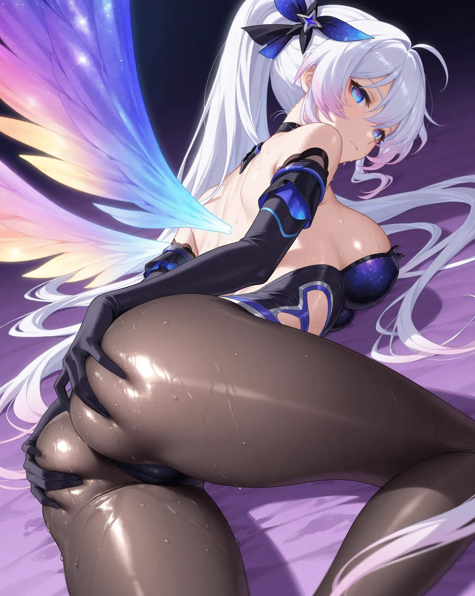 Honkai Impact 3 、Kiana、best image quality、  best thighs、beautiful breasts、wet body、Galaxy Eyes、Galaxy Wings、Neon Hair 、black tights、Hold back your ass、shiny skin