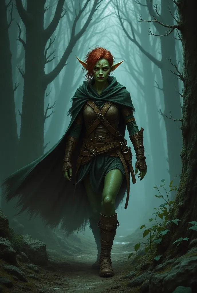 Goblin, Kobold, woman, Small,  green skin, short red hair,  leather armor, scar over eye, facial scars,  cloak, Forest, fog, Night, grim, rock