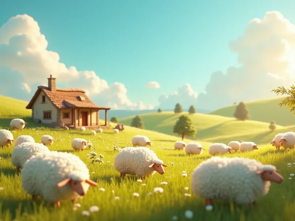 [landscape from biblical times][a pasture with sheep in the background and a small old testament style house][clear day and blue sky][disney pixar style 3d drawing]
