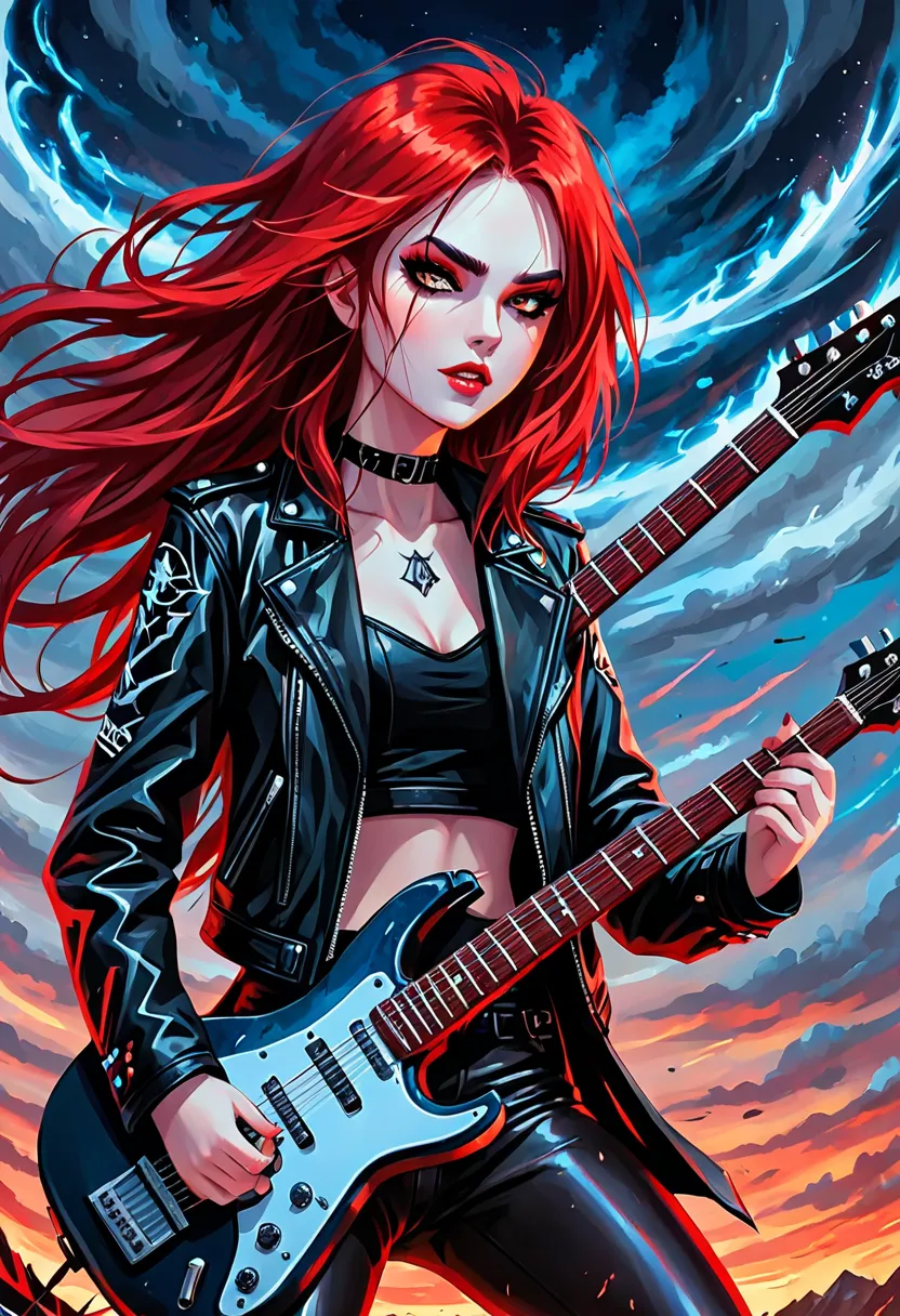 Black Metal girl, pale face, Black Metal make up,  paint face, red hair shoulder length, leather jacket, riding on a guitar in sky, electricity effects around her,  movement blur