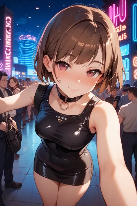 4k, detailed, high res, 1girl, early , drunk expression, brown eyes, brown hair, short hair, blush, black tight dress, short dress, no underwear, selfie, queuing up, outside club, neon lights, 