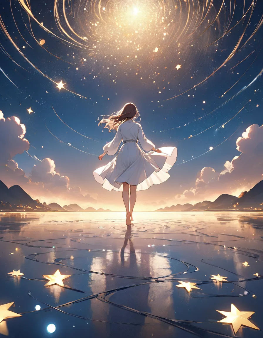 A woman walks barefoot on a river of stars