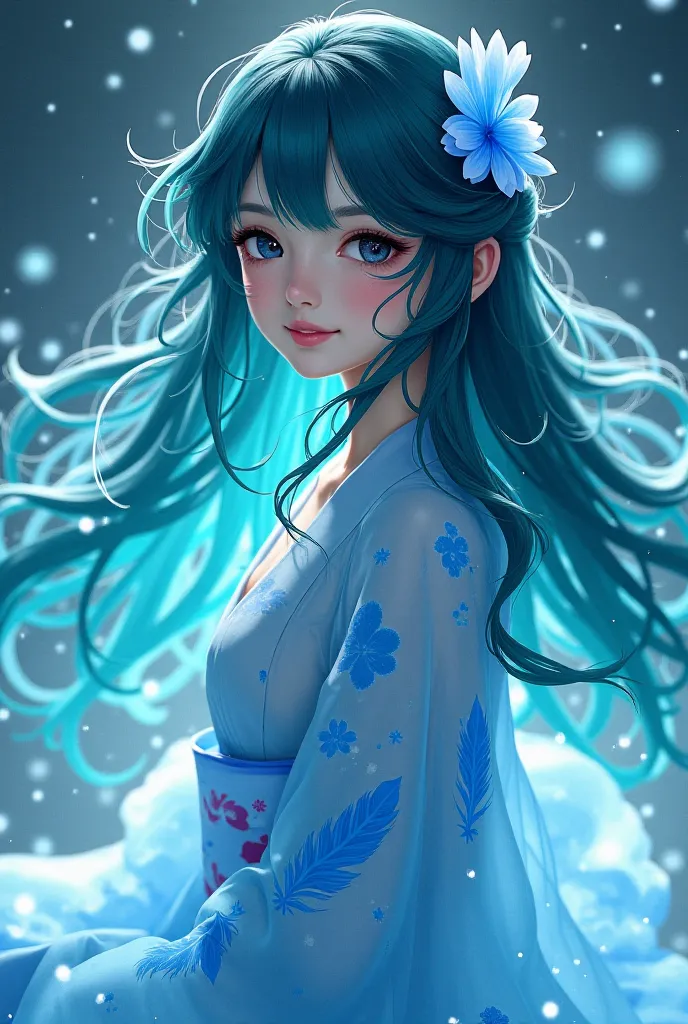 Soft skin with patterns of bluish petals that shine like the reflection of the moon in the water.

Deep gray, eyes that change to a bluish hue when manipulating air.

long wavy hair, with a blue-green tone that seems to move like a gentle breeze.

She wear...