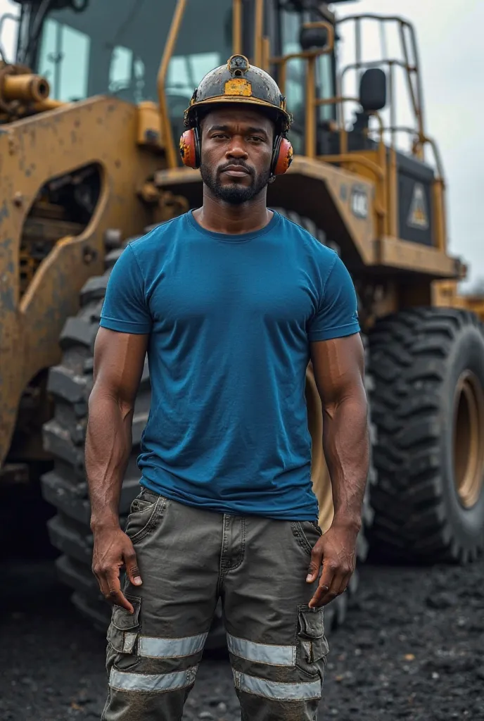 Generate a mulatto colored man next to a bulldozer in a coal mining company, He must wear a blue t-shirt, gray pants with white reflectors on the knees and a helmet with mufflers 