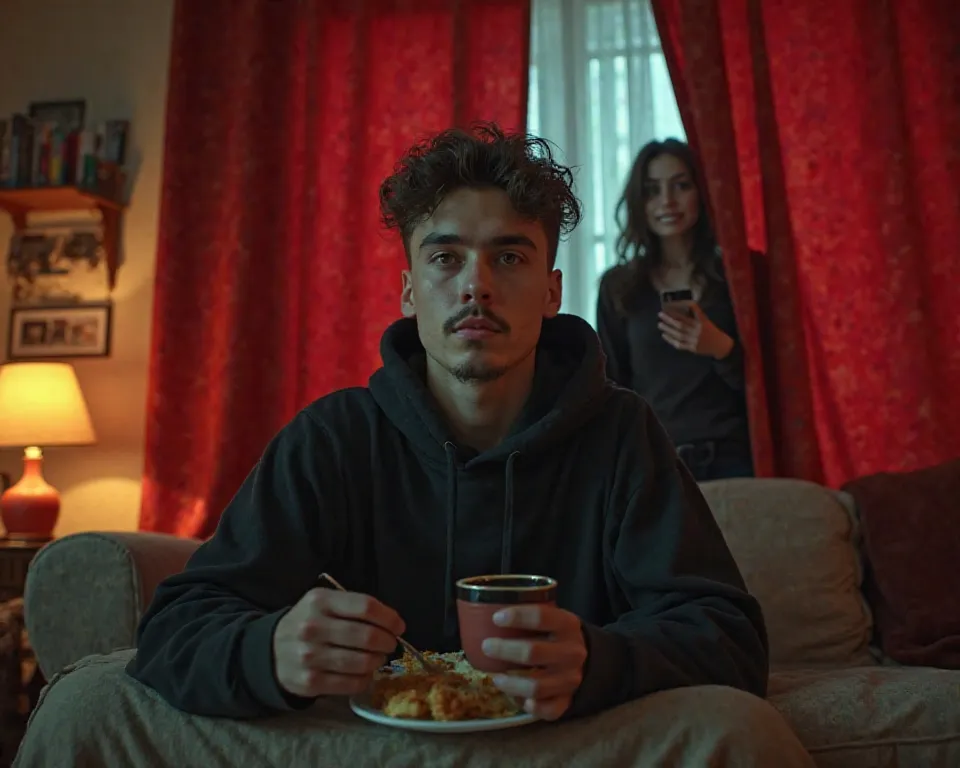 A hyper-realistic 4K image (YouTube thumbnail size: 1280x720) of a young man with short curly hair, a mid taper fade, and a slight mustache, wearing a black hoodie pulled over his head. He’s casually eating while watching a game on TV, sitting comfortably ...