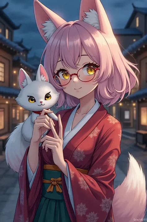  Masterpiece , better quality, slim body, smile beautiful figure, kimono, décolleté,  narrow chin , anime colored , in front, slim body,   One girl, Darling, round glasses, smart face, One,  dark leather, girl white fox, big pressed fox ears, pale pink hai...