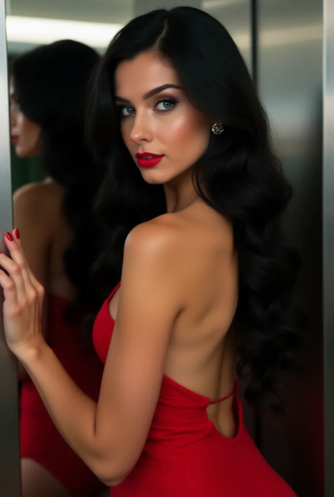 Create a stunning Russian model with long, dark black hair and striking blue eyes. Her skin tone is fair with a subtle, radiant glow. She has high cheekbones, full lips, and a confident yet mysterious expression. The setting should be at the elevator with ...