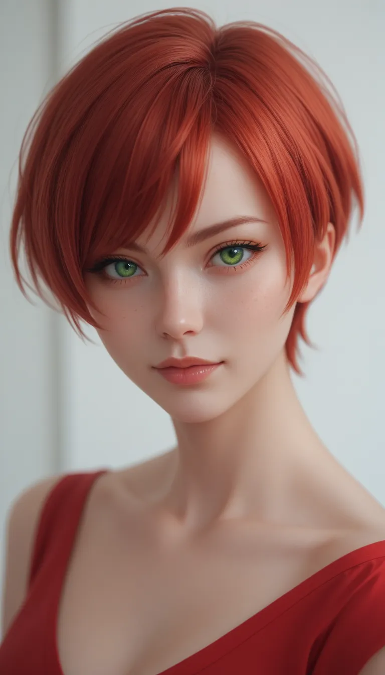 score_9, score_8_up, score_7_up, W3Shani, 1girl, short hair, red hair, green eyes, looking at viewer, portrait, 