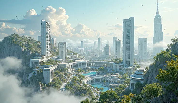 Real Photo, reality, 8k, a solarpunk city seen from above, beautiful modern white buildings with huge windows, so colorful, so beuatiful, so many cloud in the sky