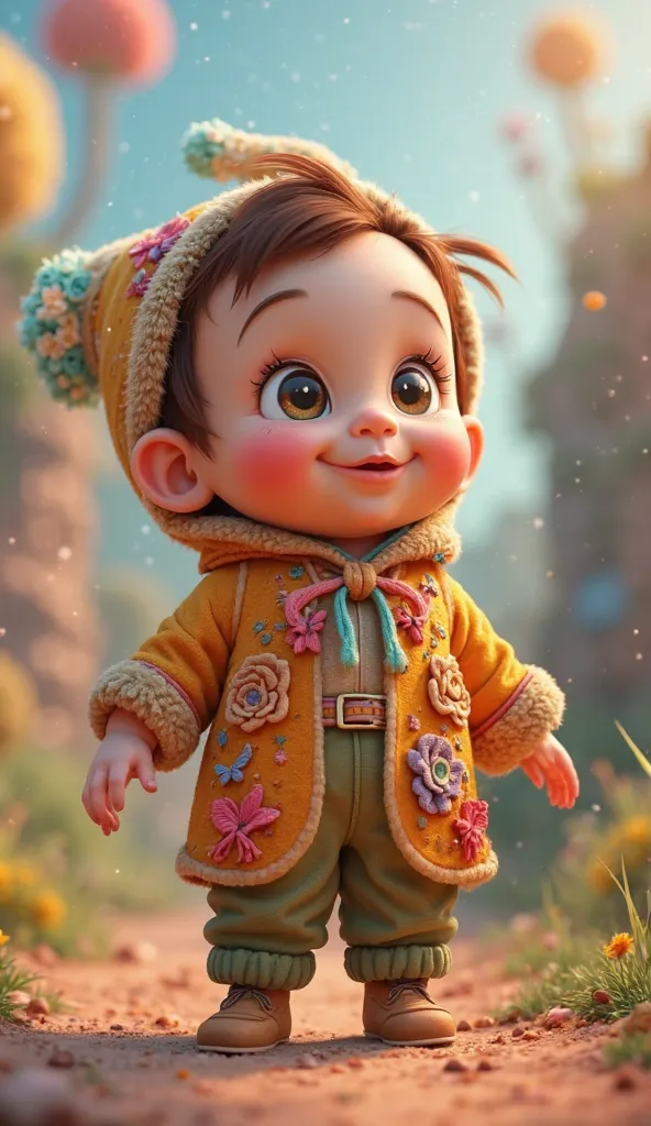 Create for me a  Disney Pixar cartoon style 3D beautiful little clothes in a surreal setting a baby has to stand up showing up all over the body and close to the camera very close