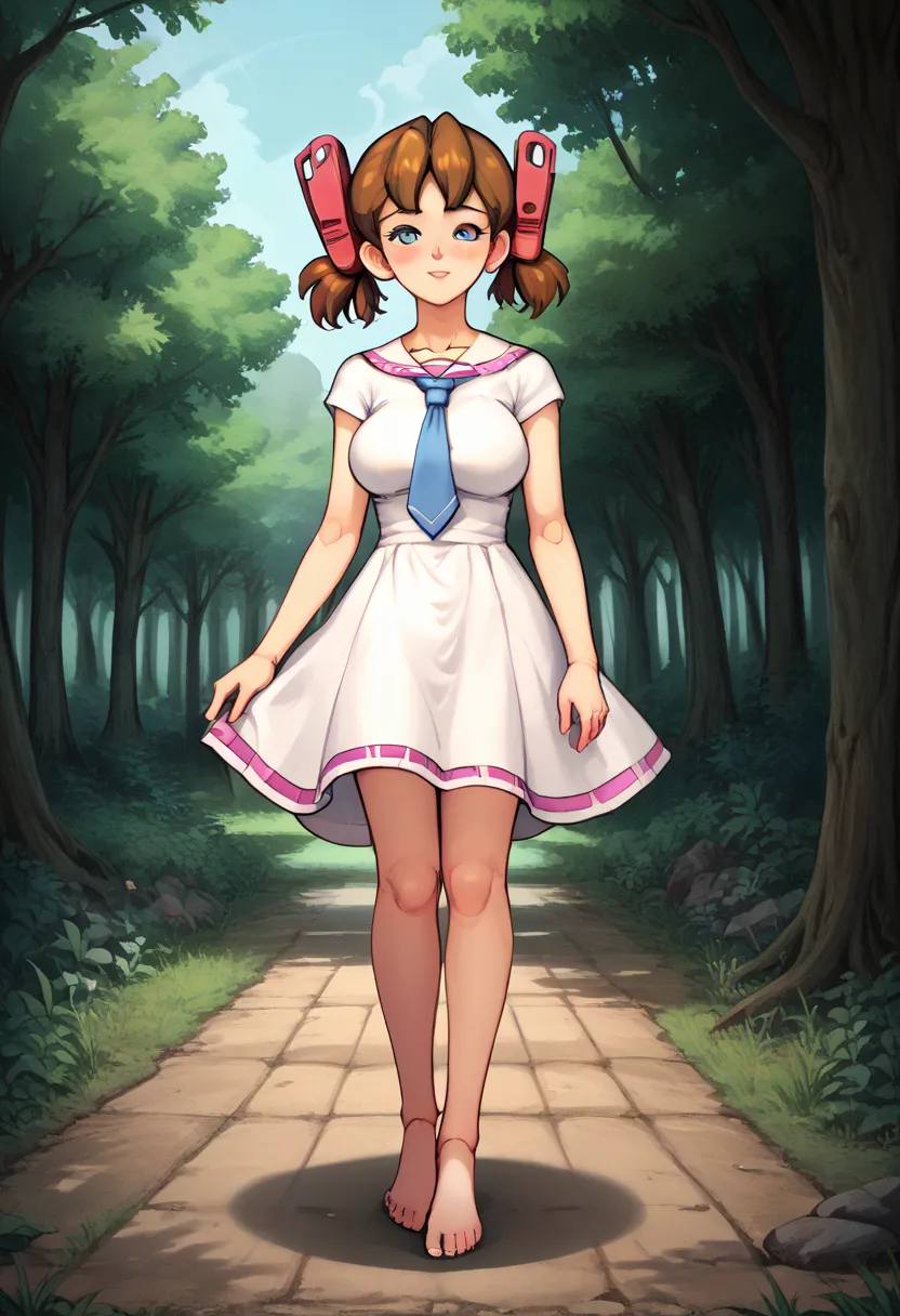 A girl is jumping up on the forest, Middle age, joint seam,full body view, height 160 cm mechanical lady, skin pigment , she gets ecstasy, very short pigtails, brown hair, Hair tie with two red big red clothespins, mature, android, blue eyes, full body fig...