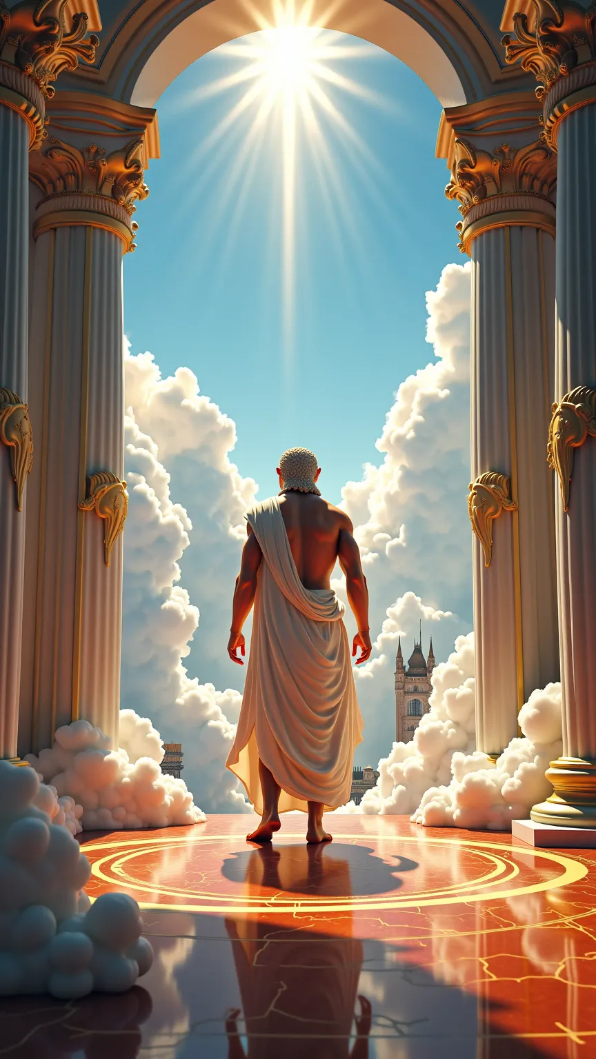 god zeus in the city of heaven training inside the heaven gym with atmospheric etherial lighting and clouds  and light rays, the equipment inside the gym is clouds and weights all in design accordance with heaven themed articles, gold and white ornaments m...