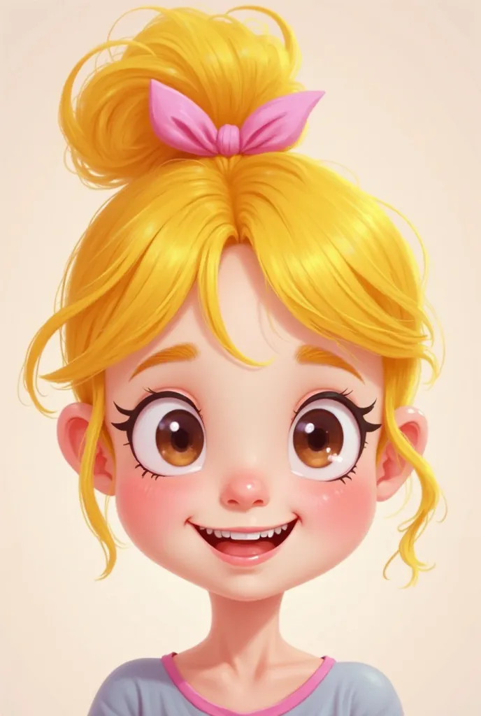 
a close up of a cartoon character with a pink ribbon, with blonde hair, cartoon style illustration, in cartoon style, in style of digital illustration, caricatural