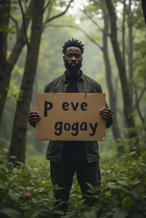 
Black man holding a sign that writes "P Eve gogay" in the forest