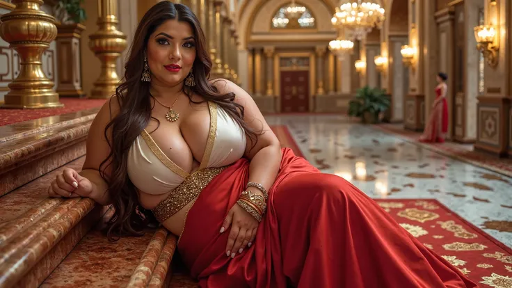 (((full-body-shot ))) of a super-ultra-big-plus-size woman with very chubby-body of Lebanese-Greek heritage with very huge-large-gigantic breasts, with very long, extra wavy, styled brown hair and fair skin tone , ultra-realistic detailed skin.  She has be...