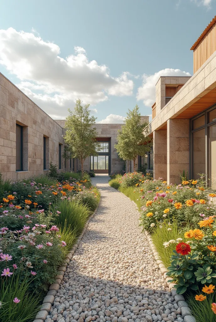 a school floor plan where the façade is a wall with a portal where you enter the school and next to it is a library with a rounded shape and tiled windows with a beautiful garden with colorful flowers and a path of pebbles