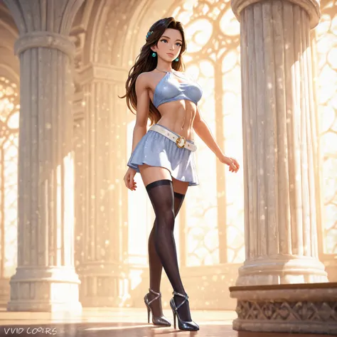 Disney Princess Jasmine realistically detailed,beautiful long legs detailed,3d, Sporty figure,full body,high Heels,gray miniskirt, white belt ,animated, high quality ,photorealistic illustration,Fantasy scene, digital painting, character design,vivid color...