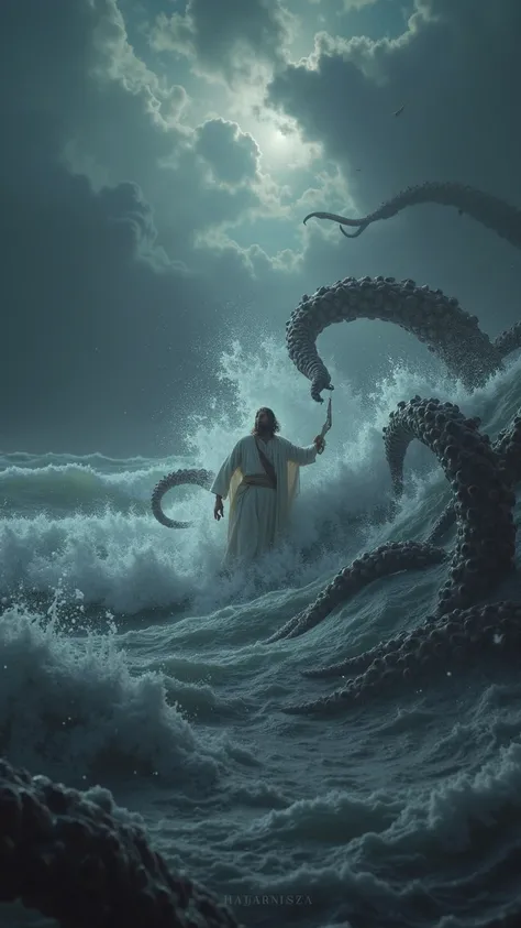 on the edge of a stormy sea, a man is about to be pulled into the raging waves by monstrous tentacles, jesus reaches out, grabbing the man's arm just in time, highly detailed, cinematic lighting, dramatic ocean waves, dark cloudy sky, crashing waves, power...