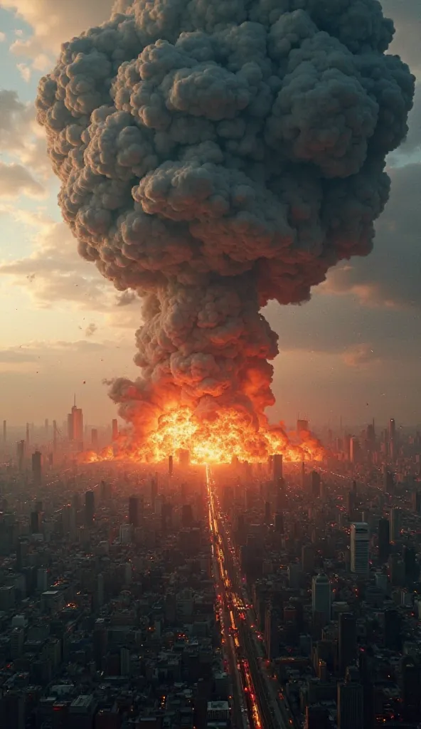 Here is a detailed and faithful to the image prompt to generate an ultra realistic 8K art:  

**Prompt:**  
"A massive explosion occurs in an industrial area of a large city, generating a dense mushroom cloud composed of dark smoke and intense flames. The ...