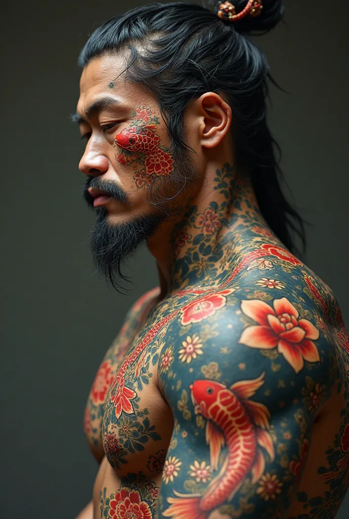 Fais moi une image hyper réaliste uhd 16k très détaillée sans bruit d'un homme japonais dont le fos montre un tatouage de lotus et de carpes Koi entre ses omoplates. extrême 3D ultra détaillé, impressionnant émergeant de sa peau, avec des yeux ambre/doré, ...