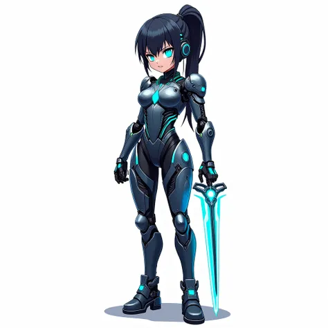 A collection of 9 chibi-style anime, A fierce female cyborg warrior with sleek metallic armor, neon blue accents, and glowing eyes. Her body is a fusion of human and machine, with intricate circuits running along her skin. She stands against a pure white b...