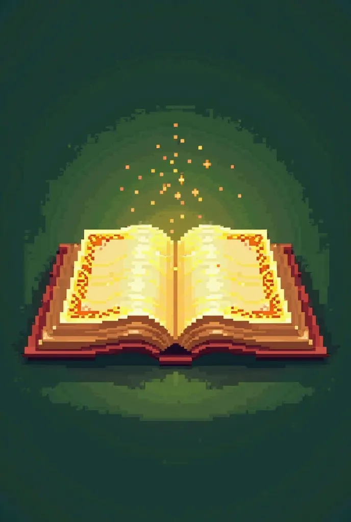 A stylized, pixel art open Quran book icon with glowing golden pages, set against a rich green background. The book should have ornate traditional Islamic geometric patterns in orange and yellow along its edges. The overall aesthetic should mimic early 200...