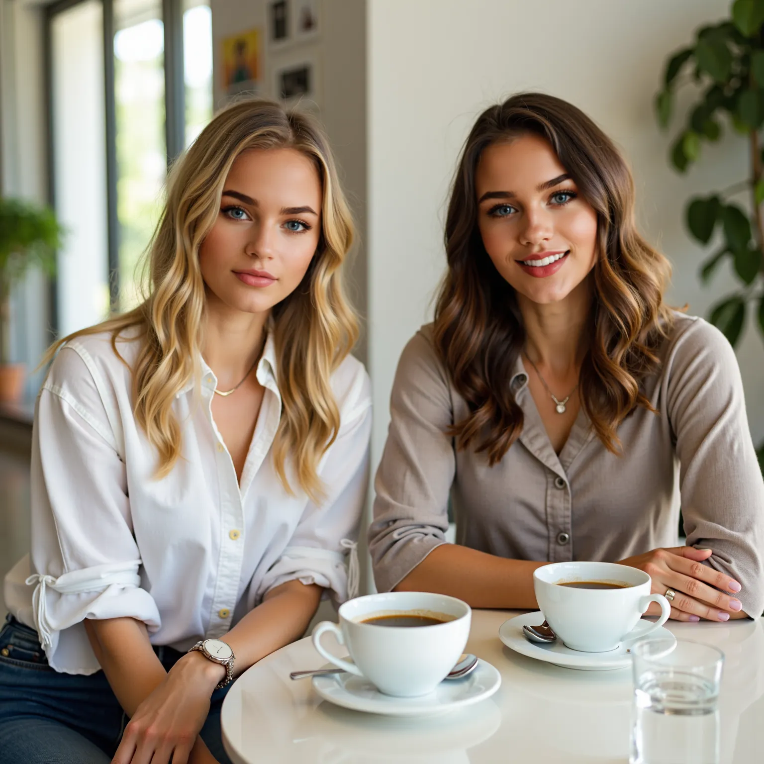 2 women one woman Blonde hair, the other brown hair, sitting together at the table in Brazil, on the table are 2 cups of coffee and 2 glasses of water, They both sit next to each other,  look at the camera ,  smile