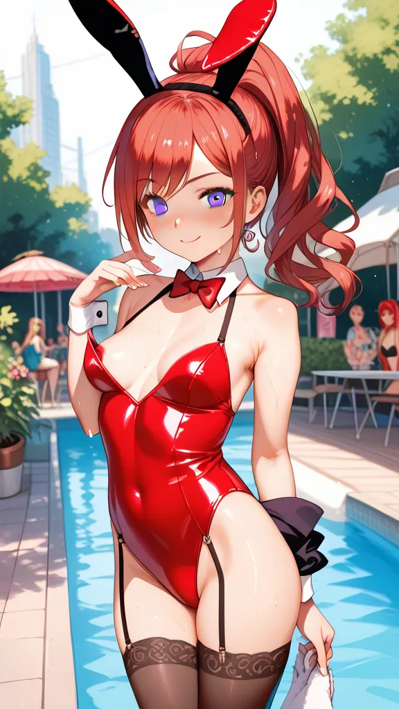 woman、 small tits、ponytail、front、sweat、red hair、purple eyes、bunny girl