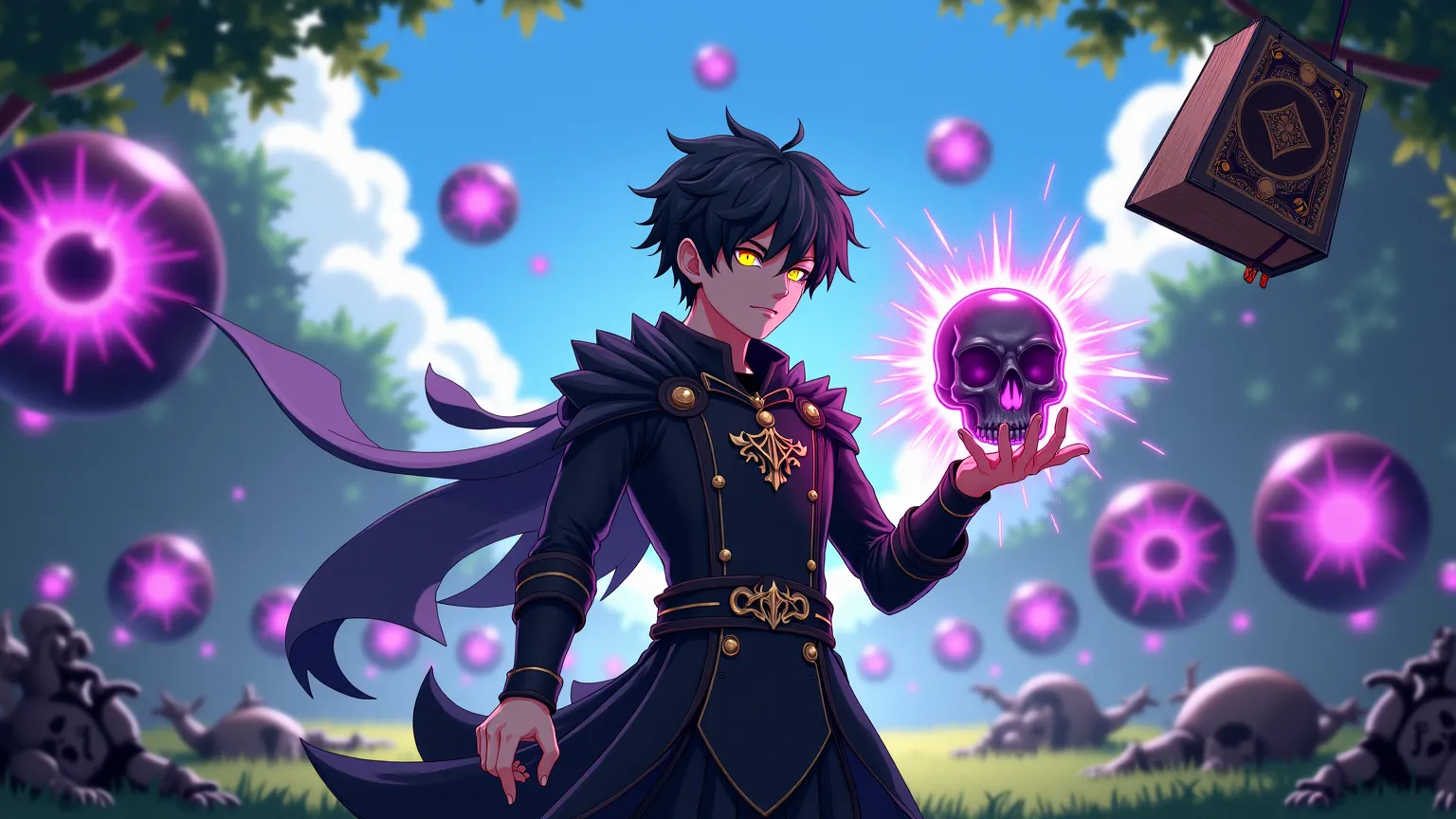 anime style, fantasy scene with the main character (25-year-old young man with black hair and glowing yellow eyes) in the center. He looks mysterious and powerful, dressed in black with gold patterns. His hand is extended forward, and in it a skull, emanat...