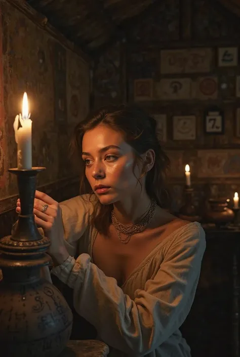 Léana, seule dans une hutte éclairée par des lampes à huile, son regard perdu dans un miroir d’eau. Elle touche son visage avec une expression de tristesse, consciente du poids de sa beauté maudite. Autour d’elle, des symboles anciens gravés sur des pots e...