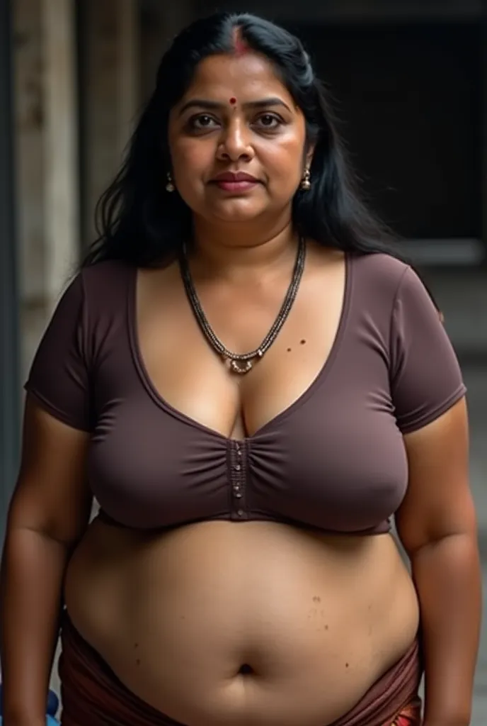 A photorealistic, full-body image captures a 45-year-old busty Indian woman with black hair.  She is wearing a tight silk blouse with big cups  and a short petticoat. makeup-free, shows oily skin. Her figure is curvy with visible cleavage, deep navel, stre...