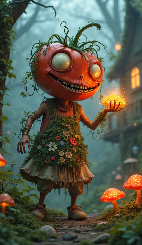 A quirky, creepy anthropomorphized tomato, with big, lopsided eyes and a mischievous smile, dressed in a patchwork floral dress and a ragged, moss-covered apron, collecting glowing mushrooms in a foggy, magical forest village. The tomato has vines creeping...