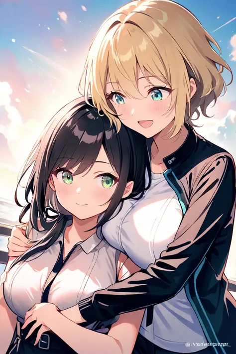  2 girls、 is staring at each other、 character for V2１（ long hair、 blond hair、big breasts、 green eye、Fleeting）、 character for V2２（   black hair、 Aqua Eyes、 tiny boobs、 short hair、Also々Shii、 from behind、Put your arm around someone&#39;s shoulder）、Lily、 High ...