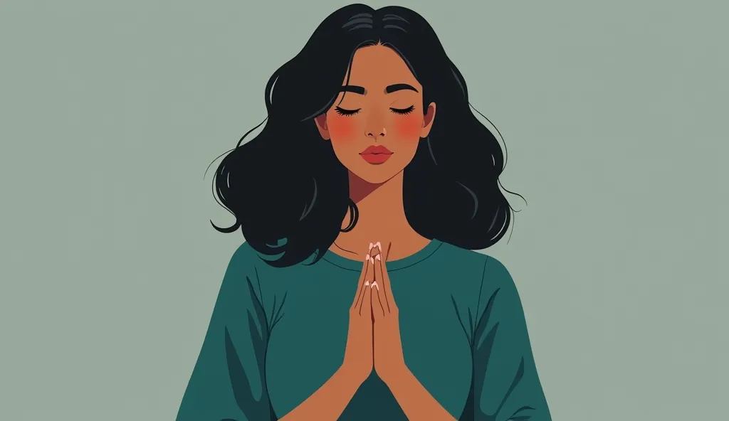 Create the image of a beautiful BLACK-HAIRED woman praying, SHE HAS HER EYES CLOSED, the focus is from the waist up,  The background is neutral, And she dresses up with a decent blouse in the color BLUE GREEN.