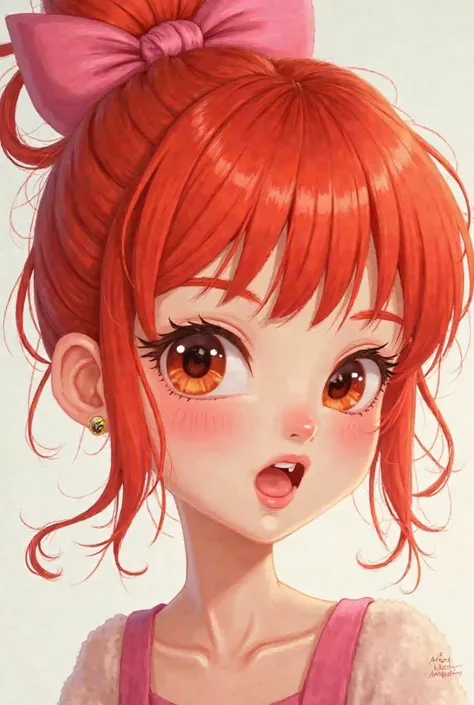 
a close up of a cartoon character with a pink ribbon, with red hair, cartoon style illustration, in cartoon style, in style of digital illustration, caricatural