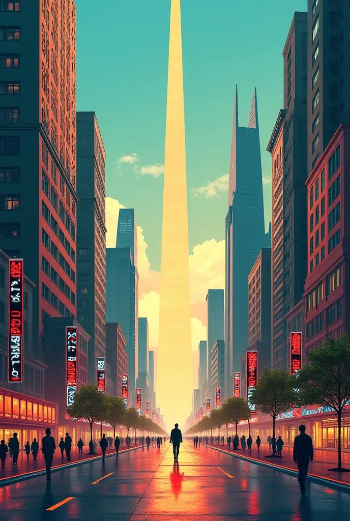 Cover depicts a big retro futuristic city, with elements such as skyscrapers, people and busy streets, and a prominent point that represents hope or transformation. Art must follow aesthetic criteria of proportion,  Perspective, Use of colors (cold tones w...