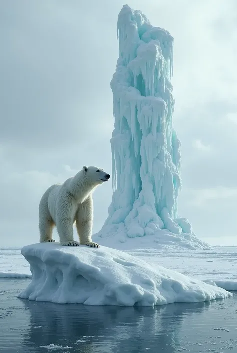 A picture of an ice pole melting with a polar bear standing on a small ice block