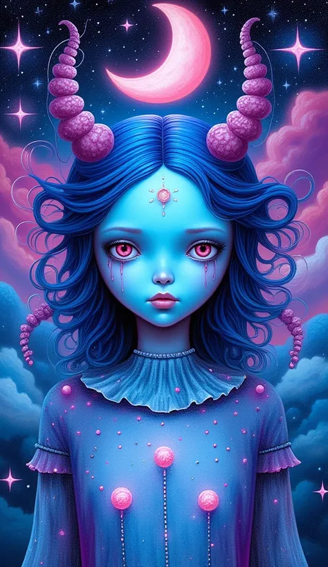 This image features a vibrant, psychedelic depiction of a female figure with elaborate horns and flowing hair. The color palette includes bright blues, purples, and pinks, creating a dreamlike atmosphere. The figure's face is adorned with mystical symbols ...